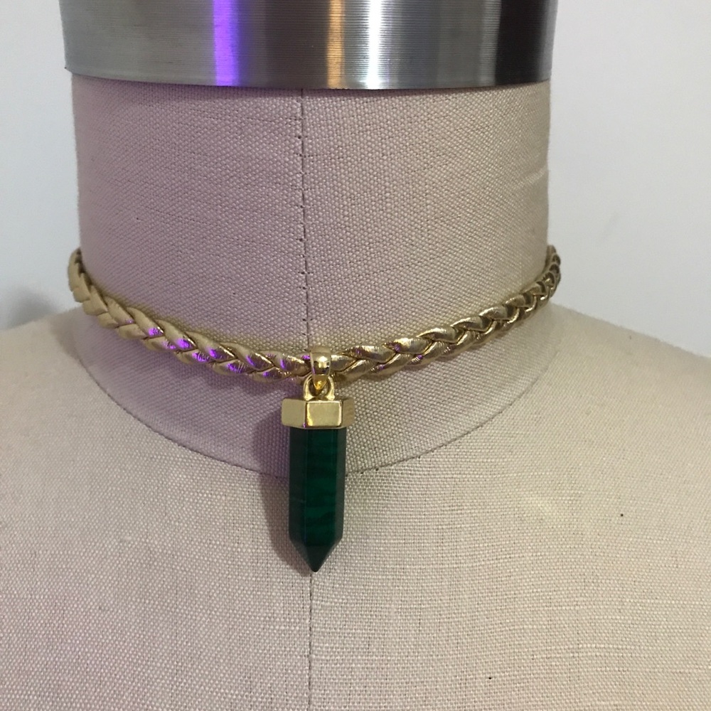 Gold Braided Choker with green stone pendant